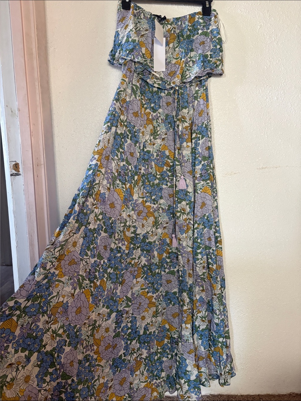 Aakaa Floral Strapless Maxi Dress in Blue and Yellow
